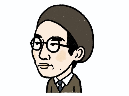 ベレー帽をかぶった堀辰雄 堀辰雄,似顔絵,ベレー帽,かぶる,肖像画,ゆるい,かわいい,手描き,デフォルメ,歴史のイラスト素材