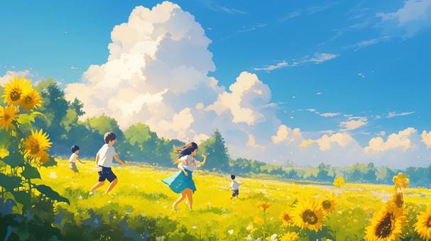 夏空とひまわりの草原 夏空とひまわりの草原 風景,自然,夏のイラスト素材