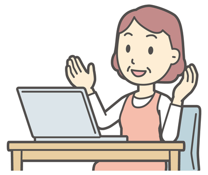  パソコンでビデオ通話しているおばさん ビデオ通話,女性,人,主婦,中年,シニア,エプロン,ママ,お母さん,おかんのイラスト素材