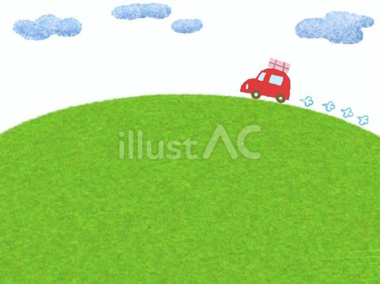 丘を走る自動車の背景 手描き,丘,雲のイラスト素材