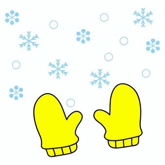 シンプルな黄色いミトンと雪の結晶 シンプルな黄色いミトンと雪の結晶 手袋,防寒,毛糸,子ども用,子ども用手袋,ミトン,リブ,ニット,左右,両手のイラスト素材