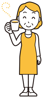  エプロンおばちゃん(黄)-014-全身 コーヒー,おばちゃん,エプロン,お母さん,ママ,中年,おばさん,主婦,人物,かわいいのイラスト素材