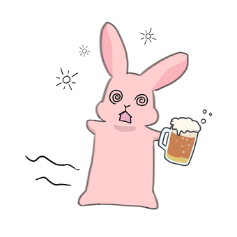 ビール片手に酔っぱらううさぎ 動物,うさぎ,全身真っ赤,ビール,泡,エフェクト,ふらふら,ぐるぐる目,酔っぱらい,フリーハンドのイラスト素材