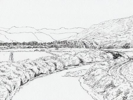 小鯖川の流れ 風景画,風景,スケッチ,ペンスケッチ,ペン画,線画,白黒,モノクロ,小鯖川,山口市のイラスト素材