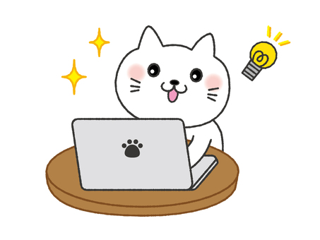 パソコンをする猫　ひらめく 猫,パソコン,パソコン教室,かわいい,ひらめき,ひらめく,ひらめいた,電球,発見,アイデアのイラスト素材
