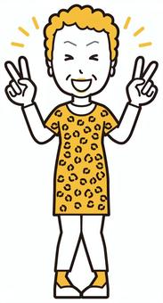  大阪のおばちゃん(黄)-215-全身 ピース,おばちゃん,大阪,ヒョウ柄,おばはん,中年,女性,関西,派手,おばさんのイラスト素材