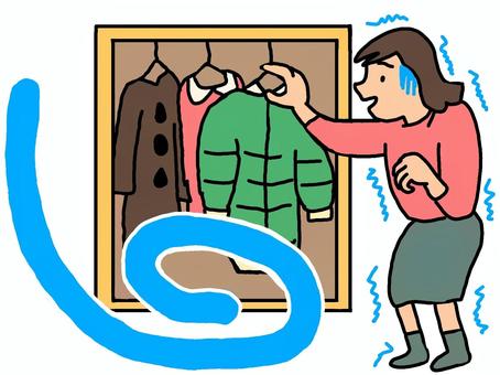 寒い、コートを出そう 寒い、コートを出そう 寒い,コート,クローゼット,衣替え,女性,ダウンコート,アウター,震える,ブルブル,北風のイラスト素材