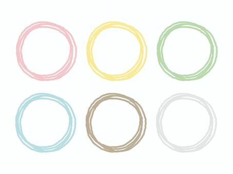 手描き風丸フレームセット　パステルカラー 丸,フレーム,セット,枠,手描き,落書き,ぐるぐる,円,輪,手書きのイラスト素材