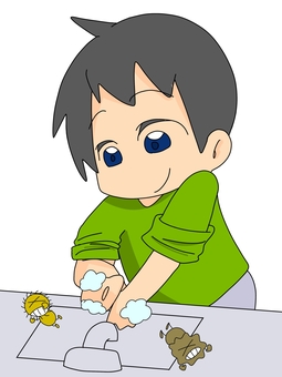 手洗いをする男の子 手洗い,健康,風邪予防,ミニキャラ,男の子,カラーのイラスト素材