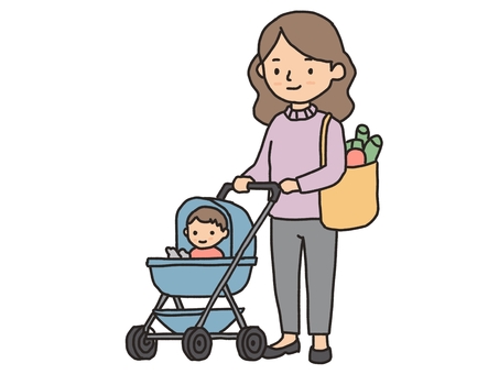 赤ちゃんを連れて買い物をする女性 女性,ママ,赤ちゃん,ベビーカー,買い物,母,母親,日常,生活,赤ん坊のイラスト素材