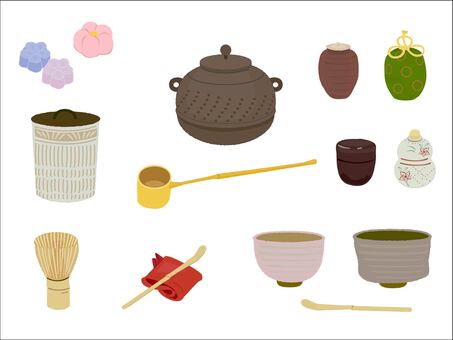 茶道具　茶道 茶道,道具,茶碗,棗,茶杓,水差し,茶釜,ひしゃく,ふくさ,茶道具のイラスト素材