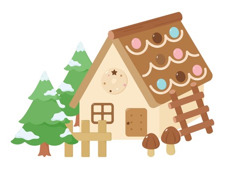 ヘクセンハウスと雪が積もった木 クリスマス,お菓子の家,ヘクセンハウス,木,お菓子,かわいい,ポップ,洋菓子,飾り,冬のイラスト素材
