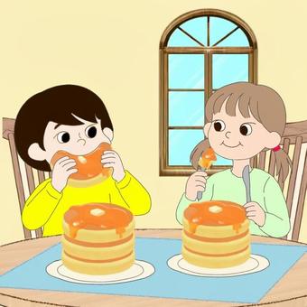 【SSTワーク】口に詰め込む子ども 療育,保育,学習,教材,プリント,ソーシャルスキル,sst,絵カード,社会性,ホットケーキのイラスト素材
