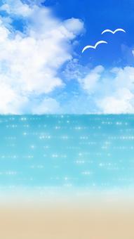 青い海と青い空と渡り鳥　縦型 海,青空,渡り鳥,雲,空,波,キラキラ,砂浜,ビーチ,水平線のイラスト素材