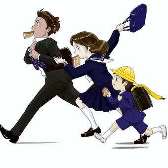 行ってきま～す！ サラリーマン,女子高校生,小学生,ランドセル,急いで,セーラー服,通勤,通学,遅刻,食パンのイラスト素材