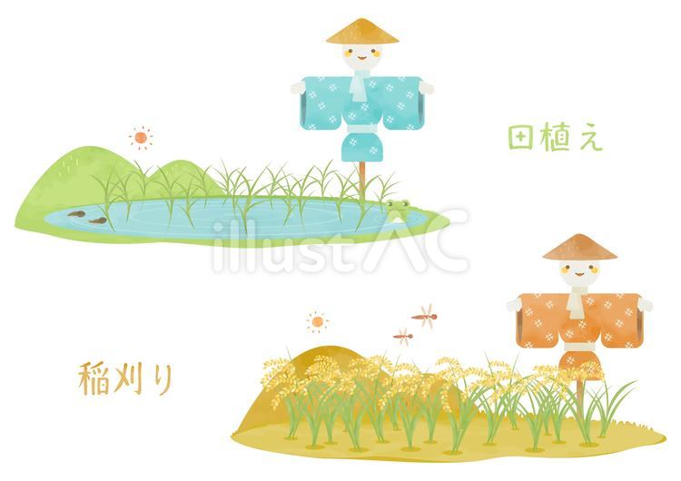 ほんわか可愛い田んぼの風景イラストセット 田んぼ,セット,田植えのイラスト素材