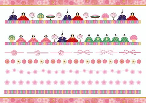 ひな祭りの飾り罫のセット ひなまつり,ひな祭り,飾り罫,ライン,セット,雛人形,ひな人形,お雛様,お内裏様,五人囃子のイラスト素材