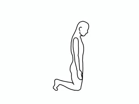 足を立てて膝立ちし斜め下を見る人 膝立ち,頚前屈,横向き,線画,白黒のイラスト素材