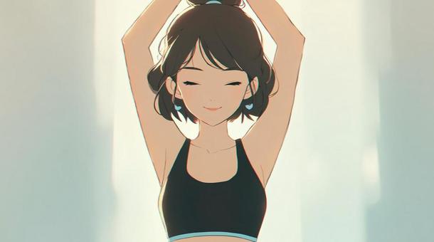 笑顔でストレッチをする黒髪の女性