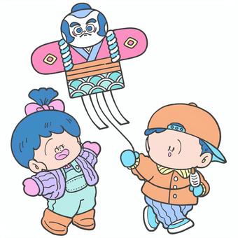 凧上げをする子どもたちの手描きイラスト 凧上げ,正月,手描き,奴凧,凧,遊び,凧揚げ,やっこ凧,子ども,人物のイラスト素材