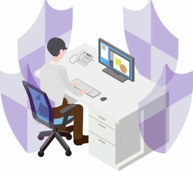 アイソメトリック_働く人②-7 アイソメトリック,オフィス,会社員,男性,盾,オフィスワーク,働く,仕事,アイソメ,立体のイラスト素材