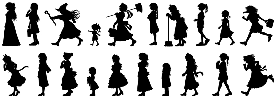 女の子立ち絵シルエット20人セット3 女の子,シルエット,セット,少女,女性,立ち絵,trpg,全身,横顔,人物のイラスト素材