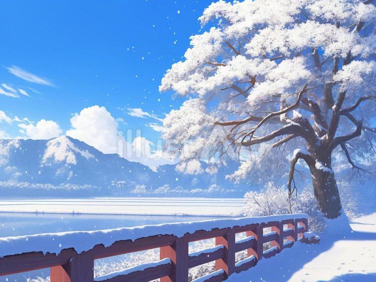 雪が降り積もる木々や橋の欄干の冬の風景。 冬,雪,橋のイラスト素材