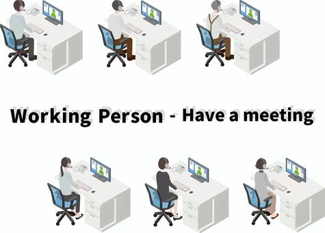 アイソメ_働く人詰合せ：ミーティング アイソメトリック,オフィス,会社員,ミーティング,男性,女性,オフィスワーク,パソコン,働く,仕事のイラスト素材