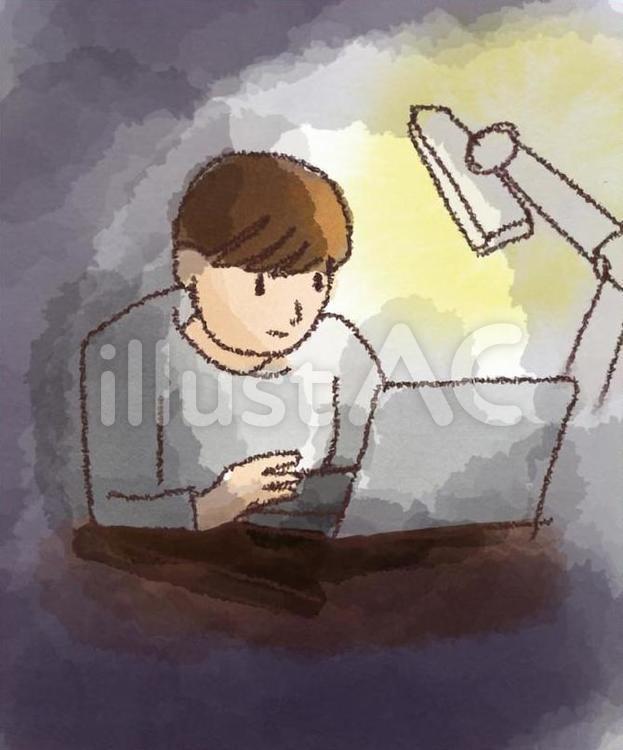 昼夜逆転（夜中に頑張る） 暗がり,夜,電気スタンドのイラスト素材