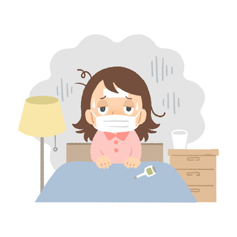 インフルエンザで寝込んでいる女性 インフルエンザ,病気,光熱,痛み,だるい,風邪,熱,寝室,マスク,体温計のイラスト素材