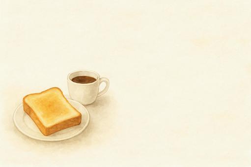 トーストとコーヒーの朝食イラスト 朝食,トースト,コーヒー,モーニング,パン,カフェ,喫茶店,食べ物イラスト,水彩風,手描き風のイラスト素材