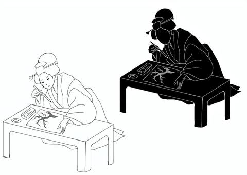 江戸時代女性絵師（線画） 女性,江戸時代,時代劇,絵師,人物,線画,シルエットのイラスト素材