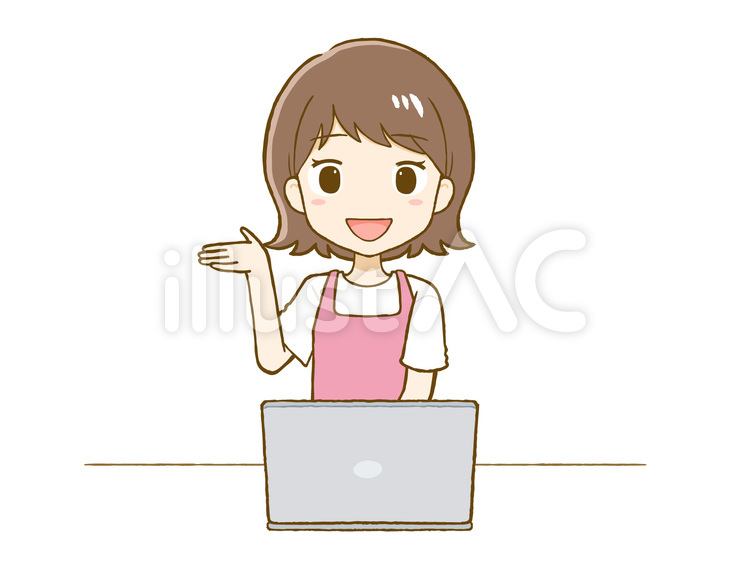 パソコン前で右手をあげるエプロン女性 案内,女性,女のイラスト素材