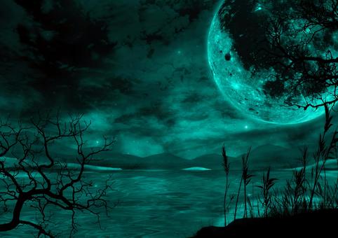 海に浮かぶ満月の不気味な風景緑 月,満月,星空,海,星,夜空,不気味,怖い,波,光のイラスト素材