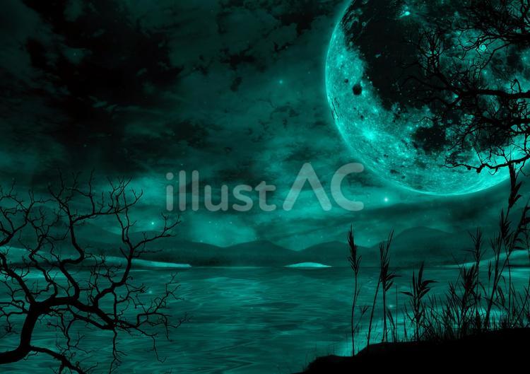 海に浮かぶ満月の不気味な風景緑 月,満月,星空のイラスト素材