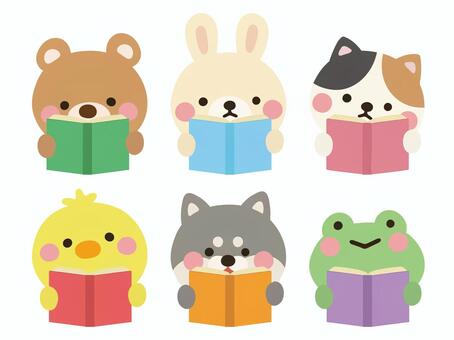 本を読む動物のセット① 動物,アイコン,本,読書,勉強,顔,クマ,猫,ウサギ,鳥のイラスト素材