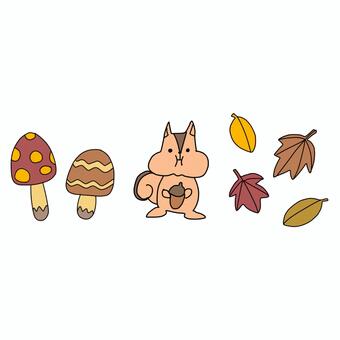 きのことリスと落ち葉 きのこ,りす,落ち葉,紅葉,秋,シュールのイラスト素材