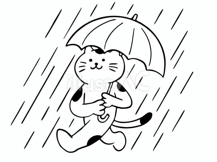 傘をさして歩く猫（モノクロ） 猫,ぶち柄,ぶち猫のイラスト素材