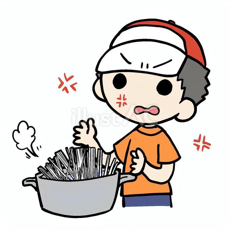 怒って麺をゆでる少年 小学生,麺,ゆでるのイラスト素材