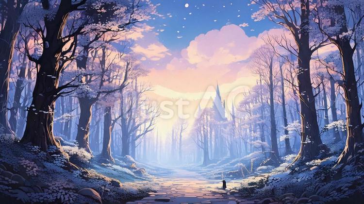 ファンタジーやゲーム風の森の背景イラスト 森,自然,ゲームのイラスト素材