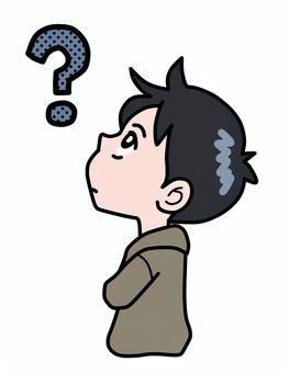 上を見て考える人 男性,パーカー,フーディー,はてな,考える,疑問,クエスチョンマーク,おかしい,変のイラスト素材