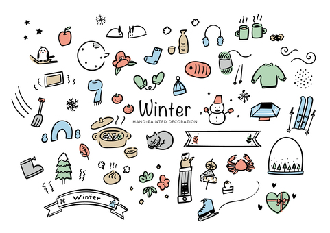 冬のあしらい手描き風カラーイラスト素材 冬,12月,1月,2月,あしらい,手描き,線画,イラスト,素材,ゆるいのイラスト素材