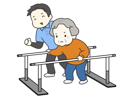 平行棒で歩行訓練する高齢者と見守る介護士 デイサービス,機能訓練,平行棒,歩行訓練,トレーニング,高齢女性,高齢者,介護士,運動,筋力のイラスト素材