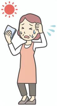  熱中症になりそうなエプロンのおばさん 暑い,女性,人,主婦,中年,シニア,エプロン,ママ,お母さん,おかんのイラスト素材