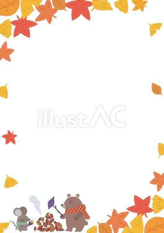 くまさんとネズミさんの紅葉フレーム 紅葉,イチョウ,もみじのイラスト素材