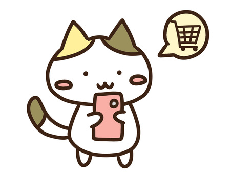 スマホでネットショッピングする三毛猫 スマホ,スマートフォン,ネットショッピング,通販,買い物,操作,オンライン,ecサイト,キャッシュレス,決済のイラスト素材