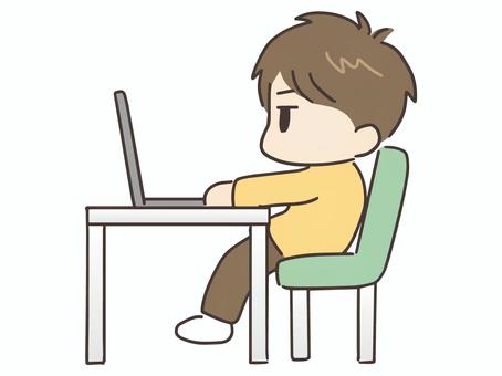 悪い姿勢でパソコンを使う私服の若い男性 男性,パソコン,pc,リモートワーク,テレワーク,リモート,家,姿勢,男,人物のイラスト素材