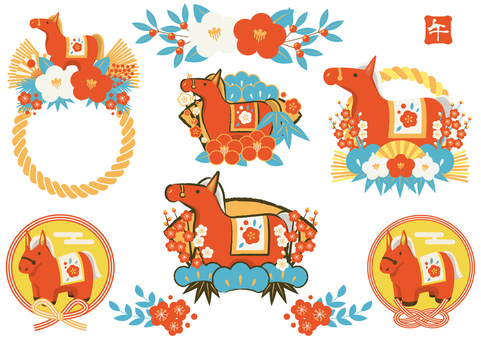 zodiac26135 馬,午年,しめ飾り,扇,水引,椿,松,梅,年賀状,南天のイラスト素材