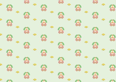 正月_パターン_鏡餅_03 正月,鏡餅,扇,パターン,かわいい,緑色,和風,模様,淡い,やさしいのイラスト素材