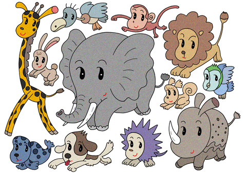 色んな動物キャラクター 動物,象,ライオン,キリン,うさぎ,犬,アザラシ,サイ,猿,コンドルのイラスト素材